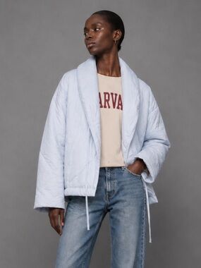 Cuddledown pale blue bed filled puffer jacket- tie shut inside outside- M